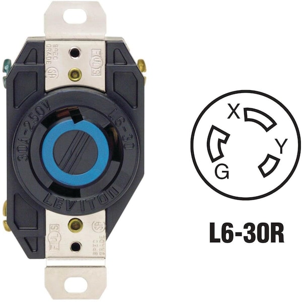 Leviton Locking Receptacle, L6-30R, 30 A, 250V AC, Black 065-02620-000 - main